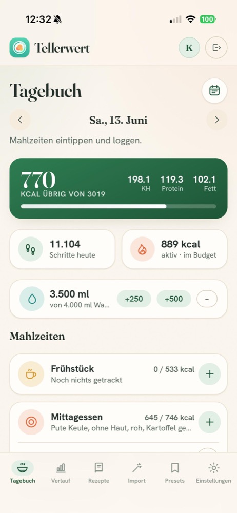Tagebuch-Ansicht von Tellerwert